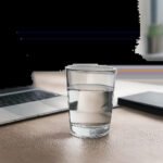 Un verre de bureau discret et élégant dans un environnement de travail soigné. L’image évoque une routine d’hydratation simple, durable et adaptée au bureau.