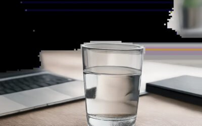Un verre de bureau discret et élégant dans un environnement de travail soigné. L’image évoque une routine d’hydratation simple, durable et adaptée au bureau.