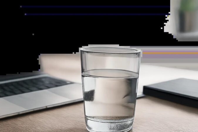 Un verre de bureau discret et élégant dans un environnement de travail soigné. L’image évoque une routine d’hydratation simple, durable et adaptée au bureau.