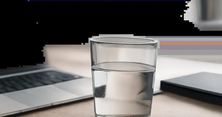 Un verre de bureau discret et élégant dans un environnement de travail soigné. L’image évoque une routine d’hydratation simple, durable et adaptée au bureau.