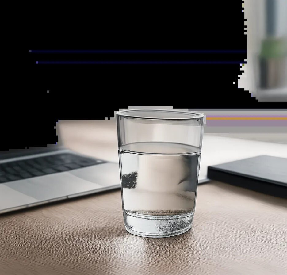 Un verre de bureau discret et élégant dans un environnement de travail soigné. L’image évoque une routine d’hydratation simple, durable et adaptée au bureau.
