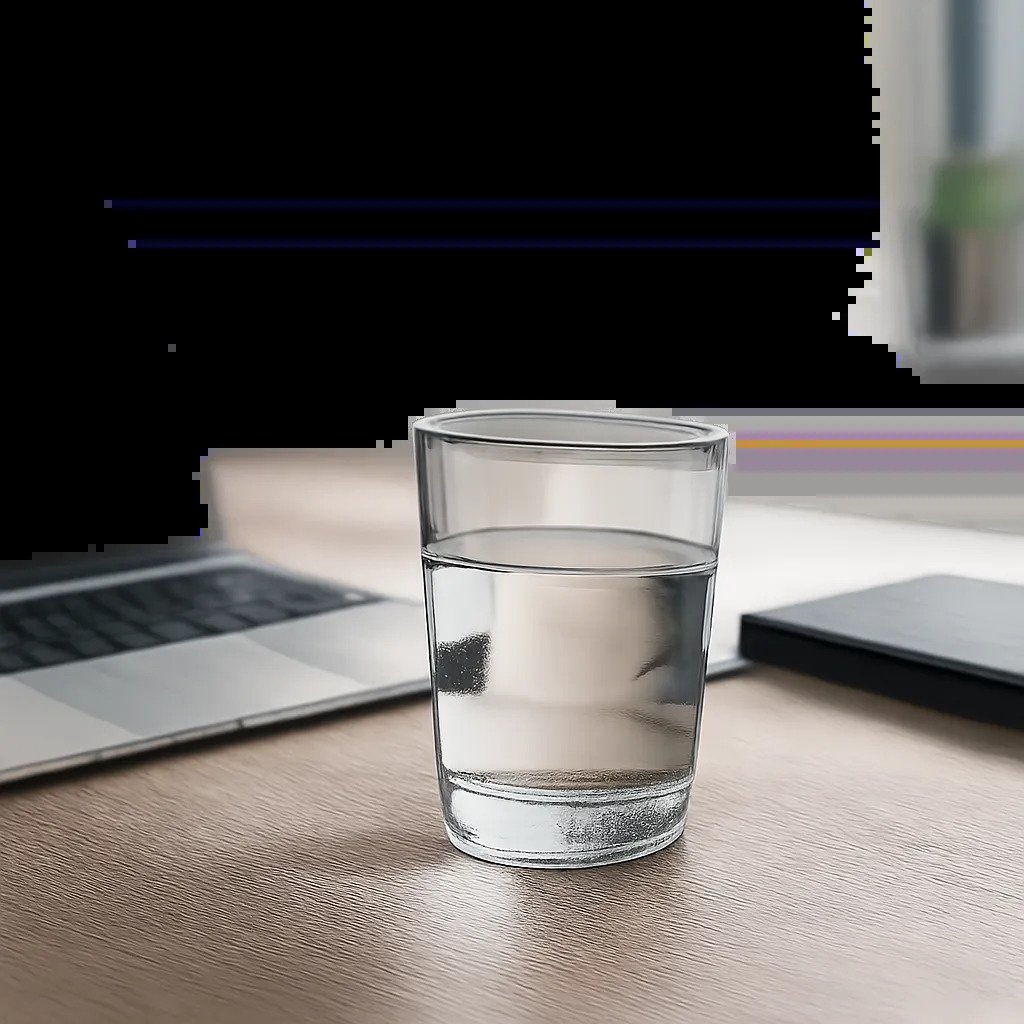 Un verre de bureau discret et élégant dans un environnement de travail soigné. L’image évoque une routine d’hydratation simple, durable et adaptée au bureau.