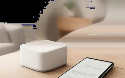 Illustration d’un capteur Bluetooth discret utilisé dans un intérieur moderne pour suivre la température et l’humidité. L’image évoque un contrôle simple, local et premium de la qualité de l’air.