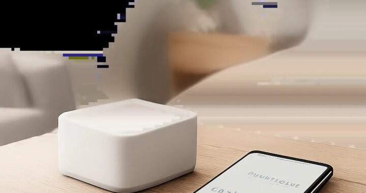 Illustration d’un capteur Bluetooth discret utilisé dans un intérieur moderne pour suivre la température et l’humidité. L’image évoque un contrôle simple, local et premium de la qualité de l’air.