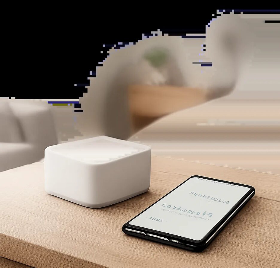 Illustration d’un capteur Bluetooth discret utilisé dans un intérieur moderne pour suivre la température et l’humidité. L’image évoque un contrôle simple, local et premium de la qualité de l’air.