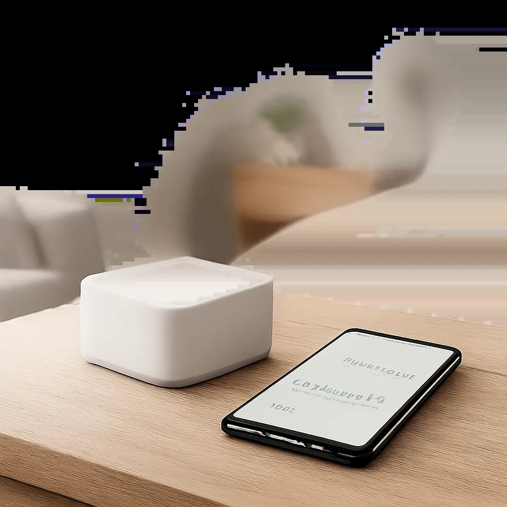 Illustration d’un capteur Bluetooth discret utilisé dans un intérieur moderne pour suivre la température et l’humidité. L’image évoque un contrôle simple, local et premium de la qualité de l’air.