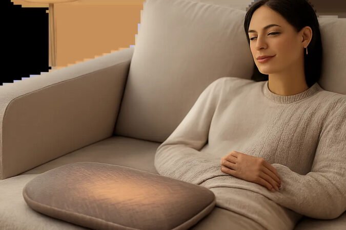 Une mise en scène premium montrant un coussin chauffant dans un intérieur apaisant. L’image évoque le confort ciblé, la récupération et l’usage discret au quotidien.