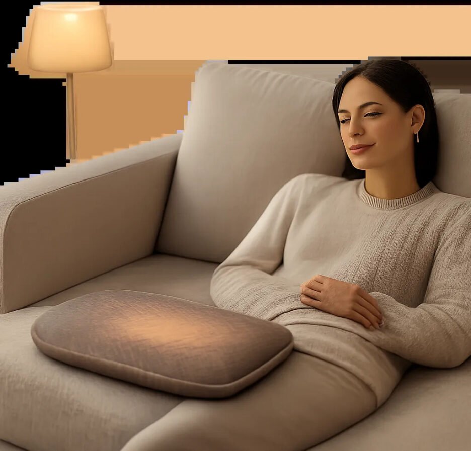 Une mise en scène premium montrant un coussin chauffant dans un intérieur apaisant. L’image évoque le confort ciblé, la récupération et l’usage discret au quotidien.
