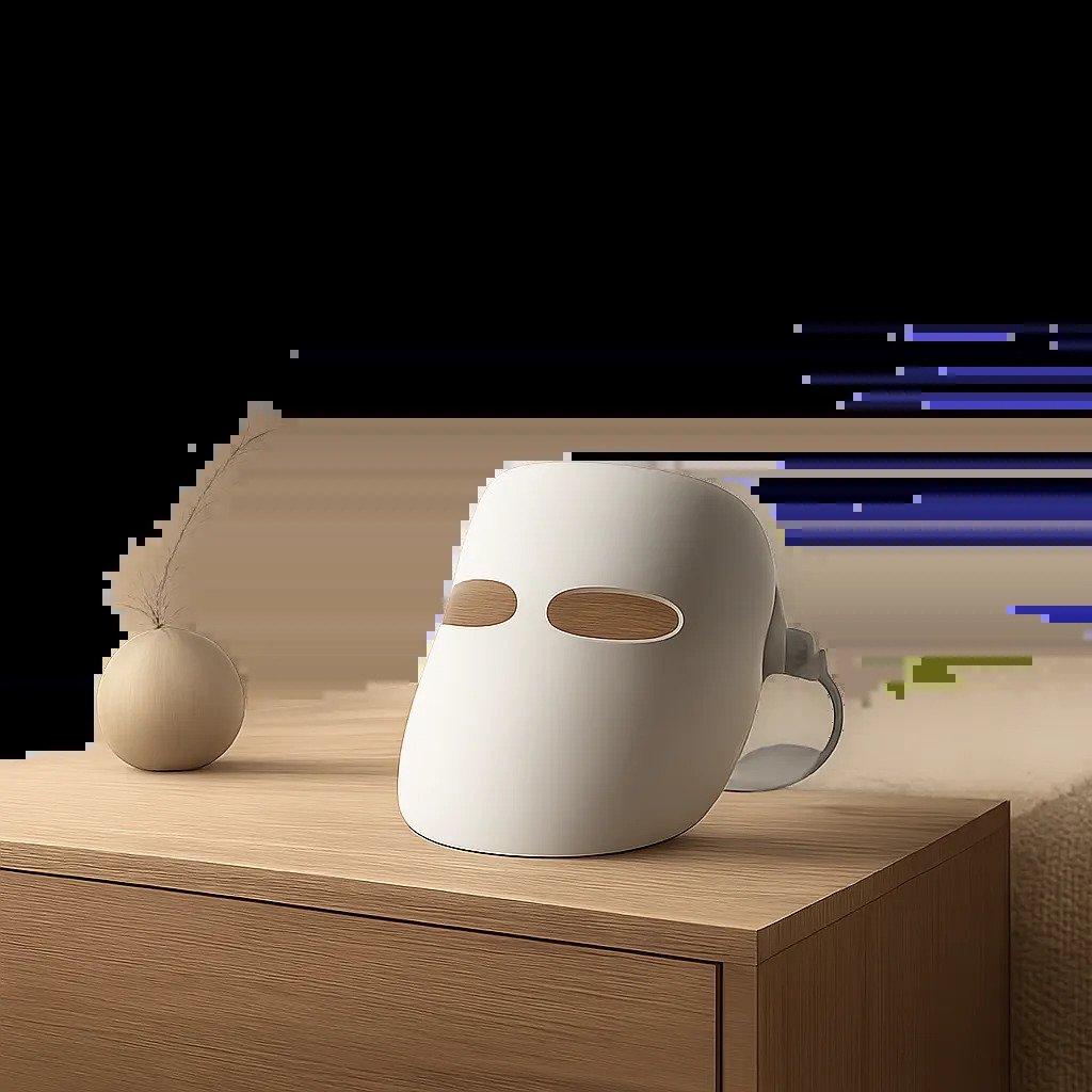 Illustration d’un masque de luminothérapie dans un univers premium et minimaliste, pensé pour une routine d’éveil maîtrisée. L’ambiance met en valeur le confort, la simplicité d’usage et le format compact.