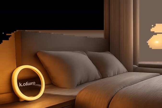 Une scène de chambre premium au lever du jour, illustrant une alarme de réveil douce et lumineuse. L’ambiance évoque une transition calme entre sommeil et éveil, sans brutalité ni stress.