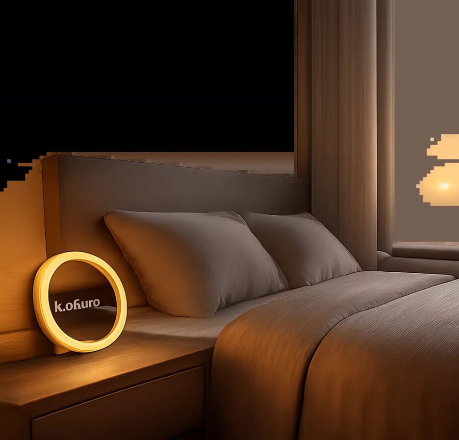 Une scène de chambre premium au lever du jour, illustrant une alarme de réveil douce et lumineuse. L’ambiance évoque une transition calme entre sommeil et éveil, sans brutalité ni stress.