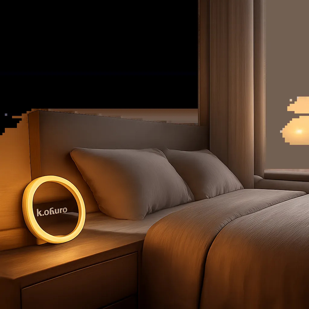 Une scène de chambre premium au lever du jour, illustrant une alarme de réveil douce et lumineuse. L’ambiance évoque une transition calme entre sommeil et éveil, sans brutalité ni stress.