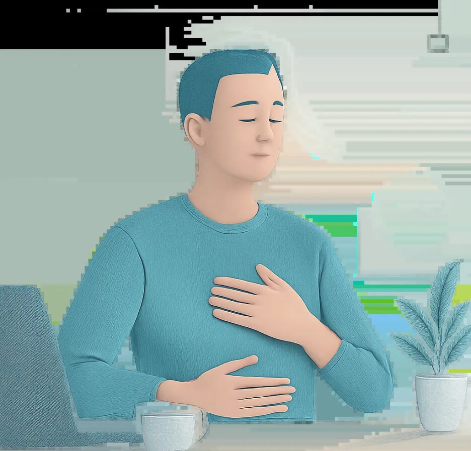 Illustration d’une personne en train de pratiquer une respiration calme dans un environnement moderne et apaisant. L’image évoque la gestion du stress, l’énergie retrouvée et la récupération active.