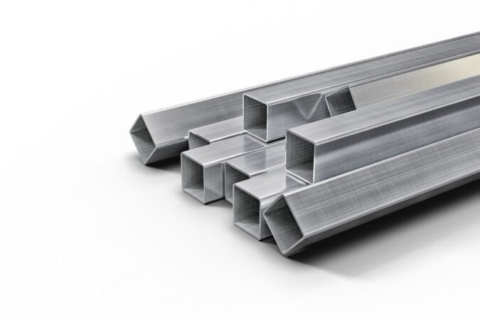 Tubeaux métalliques carrés et rectangulaires disposés sur fond blanc